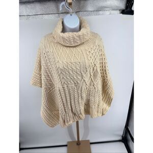 Carraig Donn Merino Wool Cable Knit Poncho Cape Turtleneck OS Made in Ireland